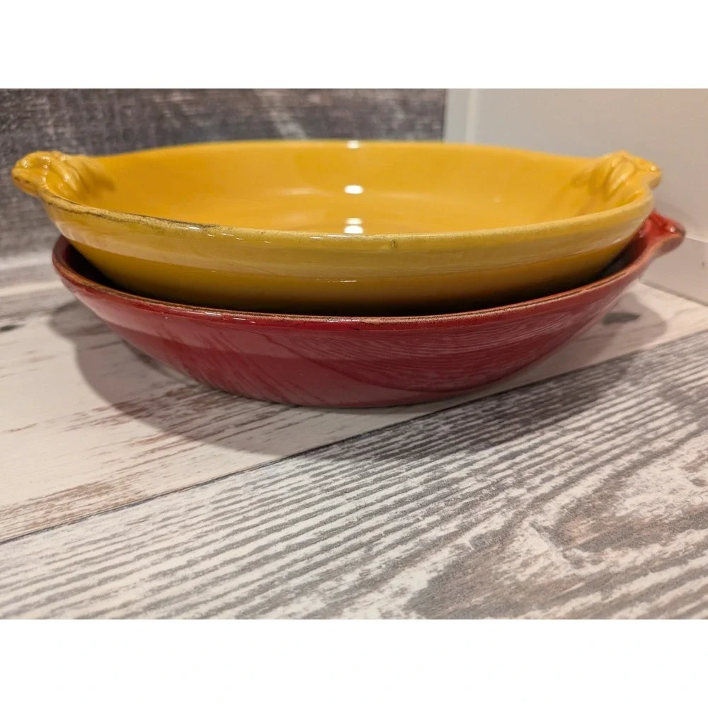 Sur La Table Italy Ceramic Serving Bowls Set of 2 Red Mustard Leaf Handles 9.5